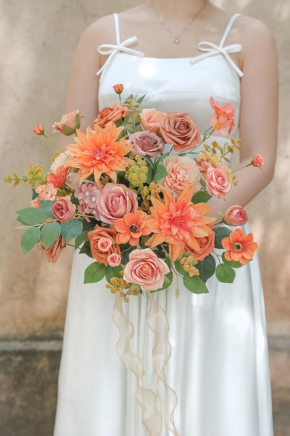 Orange Artificial Flowers Box Set for DIY Bridal Bouquets Wedding Shower Decorations Fake Floral Arrangements for Party Table Centerpieces Home Decor Indoor Outdoor
