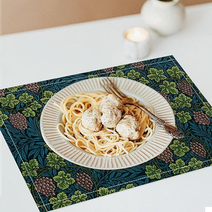 William Morris Vintage Botanical Placemats Set of 6, Retro Grapes Vines Flower Boho Plant Place Mats, Heat Resistant Non Slip Cotton Linen Dining Table Mats for Home Kitchen Party 18x12 Inch