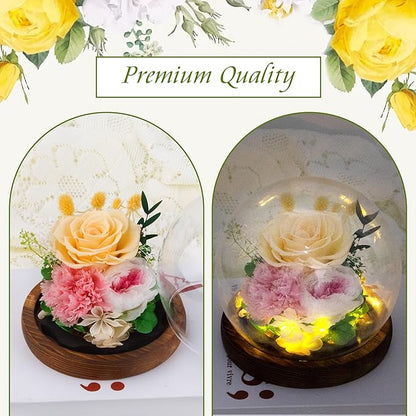 Yellow Rose Gifts for Womens Mothers Day Gifts for Mom Wife Girlfriend Mom - Preserved Real Rose in Glass Dome with LED Strip, Forever Flowers for Delivery on Birthday Anniversary