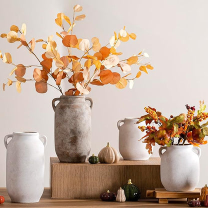 Ceramic Flower Vase Home Decor - 7.6 Inch Farmhouse Rustic White Table Vases with Handle Living Room Decoration Decorative Vintage Pottery for Kitchen Shelf Coffee Dining Desk Bookshelf Fireplace