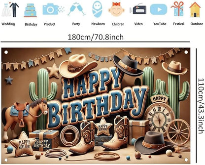 Western Cowboy Happy Birthday Banner Backdrop Rustic Wild West House Barn Photo Banner Party Decorations Boots Hat Cactus Horse Rope Photo Background Props 71 x 43 inch