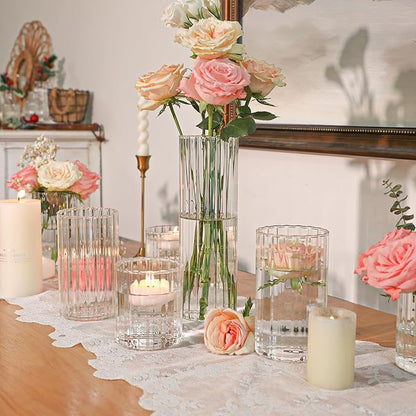 ComSaf Glass Cylinder Vases Pack of 12, Clear Ribbed Bud Vases for Centerpieces Weeding Decoration, 4 inch 6 Inch 10 Inch Tall Clear Flower Vases in Bulk, Hurricane Candle Holder for Party Home Decor