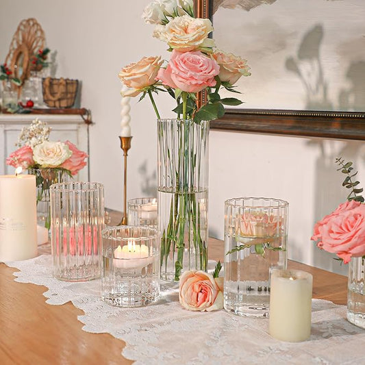 ComSaf Glass Cylinder Vases Pack of 12, Clear Ribbed Bud Vases for Centerpieces Weeding Decoration, 4 inch 6 Inch 10 Inch Tall Clear Flower Vases in Bulk, Hurricane Candle Holder for Party Home Decor