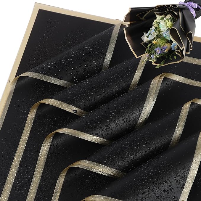YIDATIKER 20 sheet Flower Wrapping Paper,waterproof floral wrapping paper for bouquets,DIY Florist Supplies Packaging Paper with satin ribbon for Wedding,Birthday,Valentine's Day(Black)