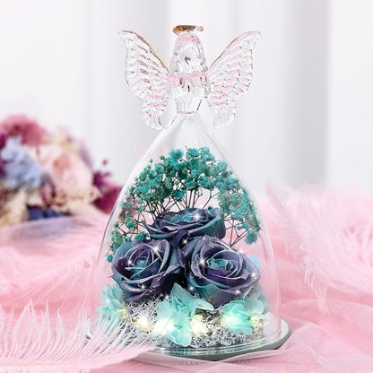 Christmas Rose Gifts for Women Preserved Real Flower in Glass Angel Figurines Roses for Delivery Prime Birthday Gifts for Mom Grandma Girlfriend Wife Her, GlitterPurpleAquablue