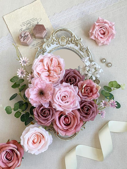 Pink Rose Artificial Flowers Dusty Fake Flower Bulk for DIY Wedding Bouquet Bridal Baby Shower Decorations Party Table Centerpieces Cake Decorating Silk Floral Arrangement Home Decor Indoor
