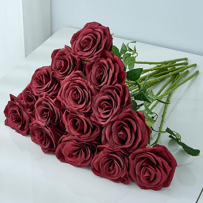 15pcs Artificial Rose Flowers Long Stem Burgundy Fake Silk Roses for DIY Wedding Bouquet Table Centerpiece Home Decor (VASE is NOT Included)