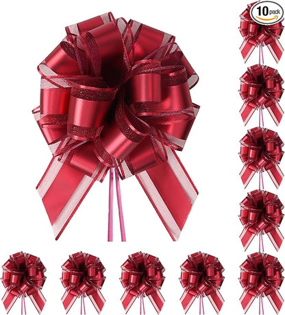10-Pack Wine Red Pull Bows for Gift Wrapping - 6 Inch Reusable Ribbon Bows, Large Instant Floral Decor Bows for Wedding, Christmas, Birthday Decor, Gift Basket & Party Decorations