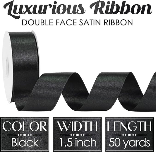 MEEDEE Black Satin Ribbon 1-1/2 Inch Black Ribbon Lux Double Faced Satin Ribbons by 50 Yards Polyester Satin Ribbons for Crafts, Weddings, Flower Bouquet, Holiday Decorating