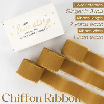 MEEDEE Ginger Yellow Chiffon Ribbon 1 Inch Frayed Chiffon Silk Fringe Ribbon Thin Chiffon for Crafts, Gift Wrapping, Wedding Invitation (3 Rolls 21 Yards)
