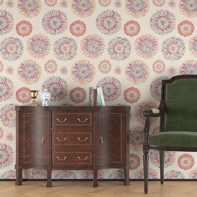 Beige Boho Wallpaper Peel and Stick, Vintage Circle Floral Contact Paper 17.5" x 393", Abstact Retro Blue/Pink Flower Wall Paper Self Adhesive Removable Waterproof for Walls Shelves Cabinet Table