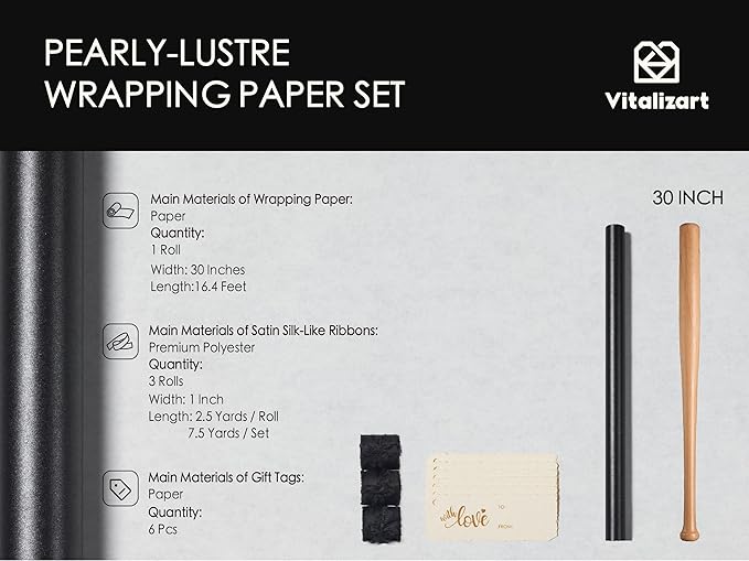 Vitalizart Black Wrapping Paper Set 30" Pearly-Lustre With Silk Like Satin Ribbon & Gift Tags Recyclable Christmas Gift Wrapping Birthday Baby Shower Wedding Handmade Crafts 197"(16.4 Ft)