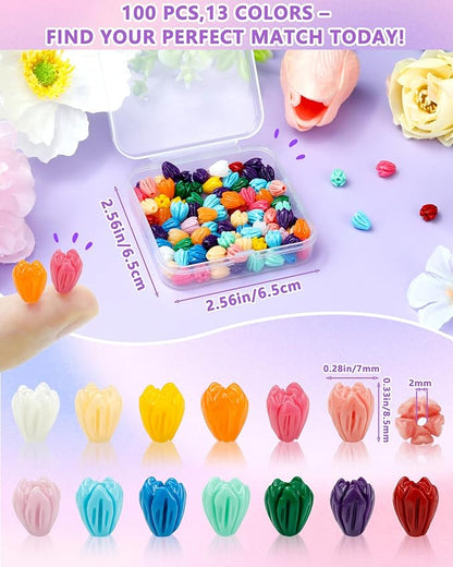 FIVEIZERO 100PCS Resin Flower Beads, 13 Colors Hawaiian Crown Floral Bead Charms for Bracelets, Necklaces & DIY Jewelry Making Crafts