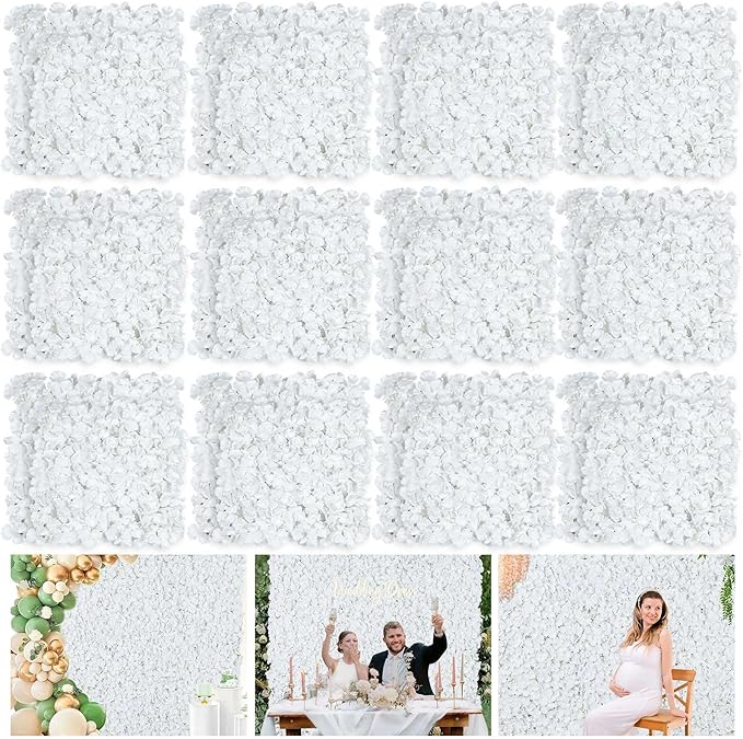 White Flower Wall Panels Backdrop: Wedding Artificial Flower Wall Backdrop 5ft by 7.5ft Hydrangea Floral Wall for Wedding Anniversary Party Decoration (24 Pcs 15 x 15 Inch)