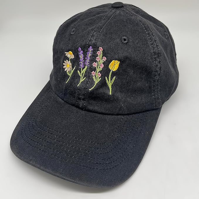Cute Flower Hat, Elegant Floral Embroidered Adjustable Baseball Cap for Men Women, Gifts for Flower Lovers, Black