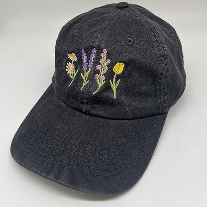Cute Flower Hat, Elegant Floral Embroidered Adjustable Baseball Cap for Men Women, Gifts for Flower Lovers, Black
