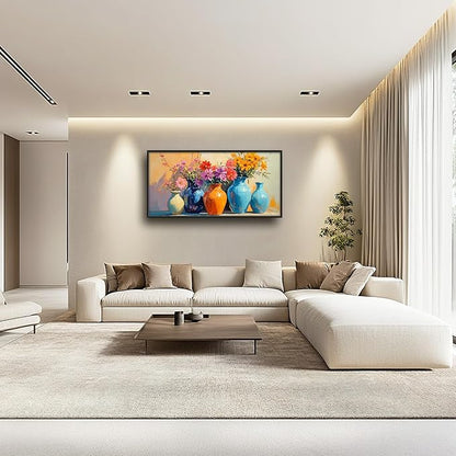 Large Colorful Floral Wall Art for Living Room, Framed Oversized Asian Flower Vase Decor Canvas Painting Sunlight Pictures Modern Artwork for Bathroom Bedroom Office Dining Room 60"x30"