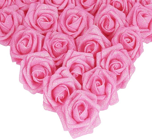 IPOPU Pink Glitter Roses,25PCS Fake Roses Sparkle Roses Bouquet Roses Artificial Flowers with Stems for Cake Wedding Bouquet Home Party Decoration(Dark Pink)