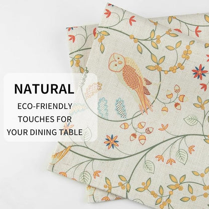 QIYI Boho Placemats Set of 6, 12x18 Inch Linen Fabric Place Mats for Kitchen Dinning, Farmhouse Rustic Floral Cloth Table Mats, Washable Placemat Folk Art Party Table Décor, Forest Birds