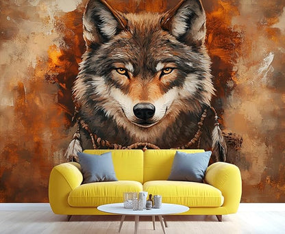 Wolf Dreamcatcher Wall Mural, Tribal Wolf 3D Wall Murals, Feathers Dreamcatcher Animal Totem Wallpaper Mural, for Living Room Bedroom Large Wallpaper Indoor Decor 78.7" W x55.1 H