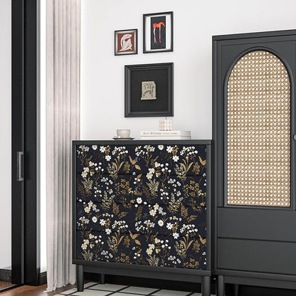 Dark Floral Wallpaper Peel and Stick 17.5in x 78.7in Navy Gold Leaf Wallpaper Vinyl Waterproof Self-Adhesive Dark Blue Botanical Wall Paper Mural for Bookcase Bedroom Cabinet Decor