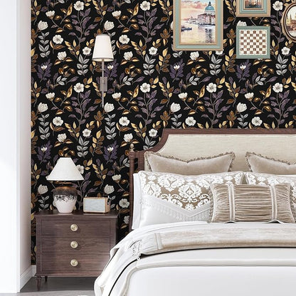 Dark Floral Wallpaper Peel and Stick Vintage Gold Leaf Contact Paper Black Floral Wallpaper Waterproof Self-Adhesive Wall Covering for Bedroom Countertop Desk Cabinets 17.4" x 393"