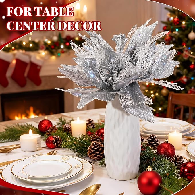 Yerliker 108 Pcs Sliver Glitter Christmas Picks and Sprays, 12 Styles Artificial Christmas Floral Berry Branches Flowers Stems for Xmas Tree Ornaments Wreath Garland DIY Vase Holiday Party Decor