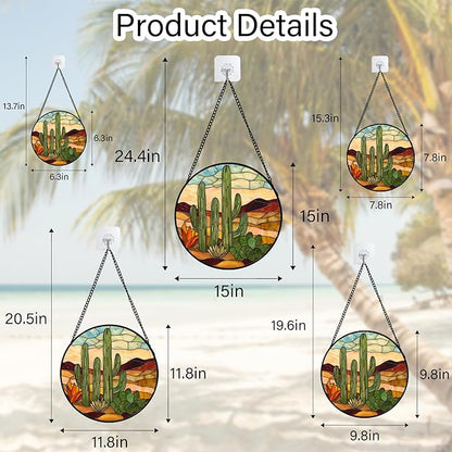 Stained Glass Window Hanging, Green Cactus Sun Catcher for Door Terrace Garden Home Decor, Abstract Desert Landscape Suncatcher Birthday Gifts for Lovers Women Men Dad Mom Nana 7.8 in