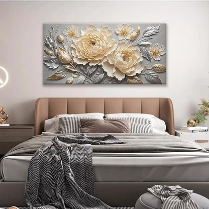 Canvas Art Wall Decor Print Silver White Flowers Wall Art For Living Room Picture Modern Landscape Painting Home Wall Decor 24" X 48"Bedroom Office Artwork