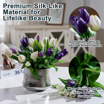 20PCS Fake Tulips Artificial Tulip Silk Flowers Fake PU Bouquet Artificial Flowers Faux Flowers with Gift Box Soft Faux Tulips Bouquets Arrangements for Party Wedding Home