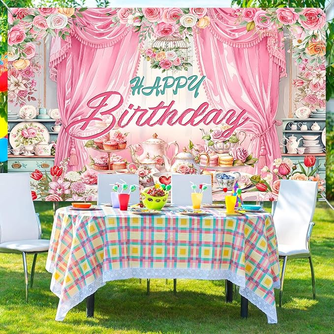 Tea Party Backdrop Let's Partea Happy Birthday Photography Background Wonderland Pink Rose Floral Teapot Women Tea Party Decor Banner Portrait Photo Booth Studio Props 10x7ft FU085YL
