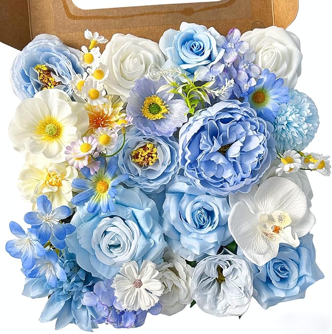 ASTRYAS Blue Artificial Flowers Combo Box Set, Baby Blue Silk Peonies Dahlia Roses with Stems for DIY Bridal Wedding Bouquets Baby Shower Floral Arrangements Centerpiece Table Party Home Decorations