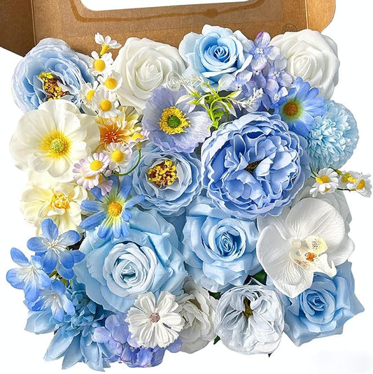 ASTRYAS Blue Artificial Flowers Combo Box Set, Baby Blue Silk Peonies Dahlia Roses with Stems for DIY Bridal Wedding Bouquets Baby Shower Floral Arrangements Centerpiece Table Party Home Decorations