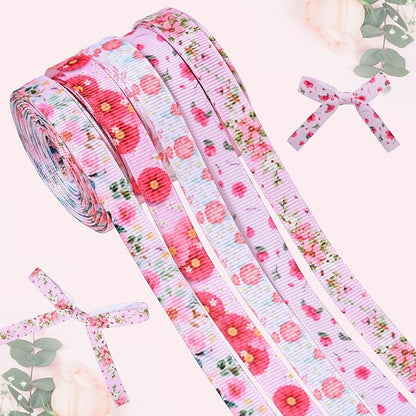 Floral Grosgrain Ribbon, 5 Rolls Flower Pattern Ribbon Spring Summer Fabric Decorative Craft Ribbon Roll for Gift Wrapping Decor Hair Bow Sewing Wreath Crafts (Pink Floral, 3/8 inch X 20Yards)