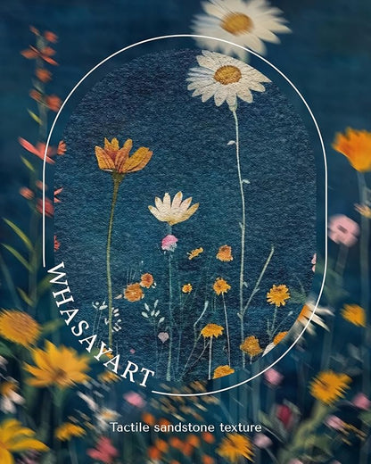 WHASAYART Vintage 3D Textured Botanical Floral 16x20 Framed Wildflower Wall Art, Rustic Dark Blue Colorful Flower Artwork, Retro Vibrant Painting Living Room Kitchen Bedroom Hallway Home Decor