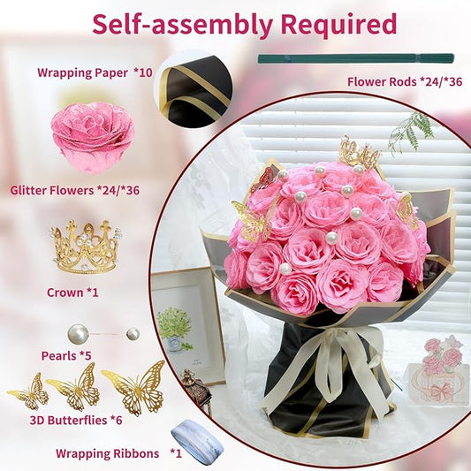 Glitter Roses Bouquet Graduation Gifts, Shiny Artificial Roses Flowers with Stems DIY Fake Glitter Flowers Bouquet for Anniversary Graduation Birthday Wedding, 24 Roses (Pink)