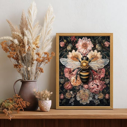 LLEEMPI William Morris Wall Art, Vintage Bee Floral Wall Decor, Insect Flower Canvas Painting, Abstract Nature Botanical Poster Print for Living Room Bedroom Kid Room Hallway Wood Framed 16x24 inch