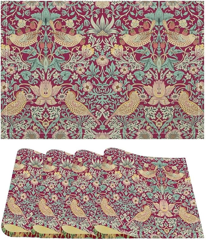 William Morris Floral Placemats Strawberry Thief Red Art Printed Dining Table Mats Set of 4 for Home Kitchen Holiday Picnic Party Decoration 12x18in