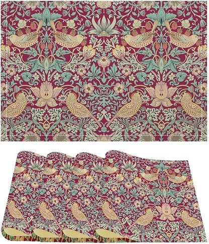 William Morris Floral Placemats Strawberry Thief Red Art Printed Dining Table Mats Set of 4 for Home Kitchen Holiday Picnic Party Decoration 12x18in