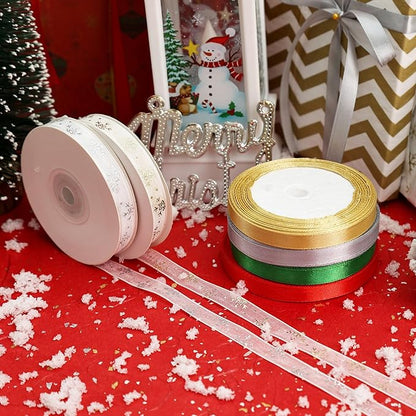 6 Rolls Snowflake Wrapping Ribbon 3/8 Inch x 150 Yards Glitter Fabric Holiday Festival Satin Ribbons for Wrapping Decoration Floral Bows Craft(Snowflake)