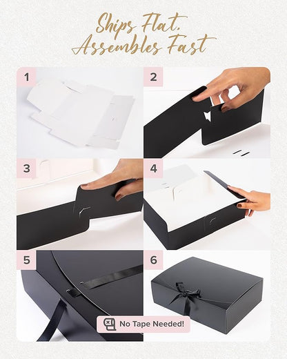 HummingBox Black Gift Box Set of 16 - Gift Boxes for Presents & gifting on weddings, birthdays & more - Easy to Assemble Black Gift Boxes With Lids & Ribbon Closure - Decorative Boxes With Lids