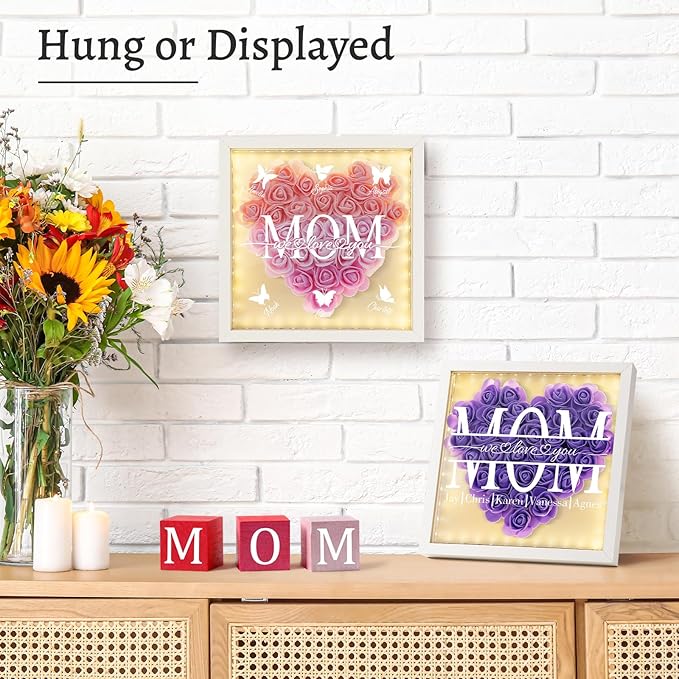 Mom We Love You - Personalized Flower Shadow Box with Names, Christmas Mothers Day Flower Box Gifts for Mom (Style 3-Box with Led)