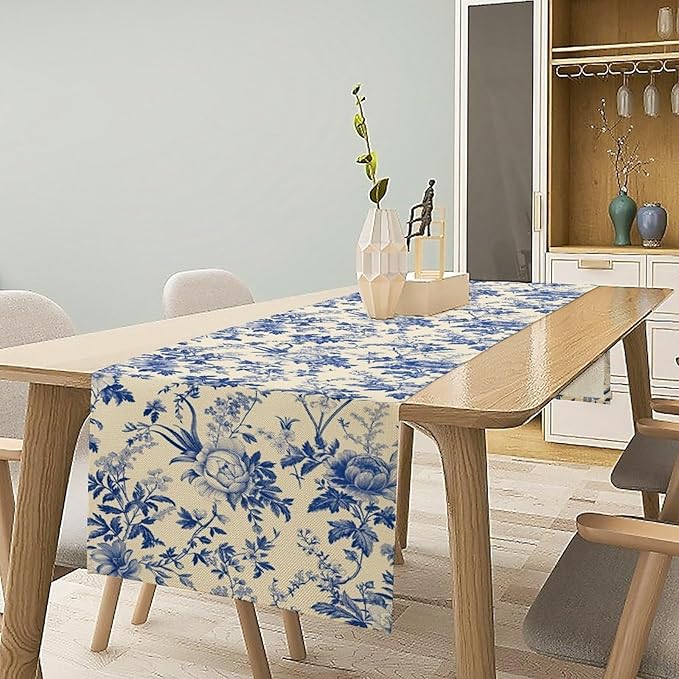 Vintage Blue Floral Table Runner, Retro Country Flowers Botanical Design Table Runner for Kitchen Dining Home Party Outdoor Indoor Decor, 13x90 Inch