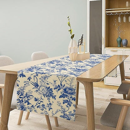 Vintage Blue Floral Table Runner, Retro Country Flowers Botanical Design Table Runner for Kitchen Dining Home Party Outdoor Indoor Decor, 13x70 Inch