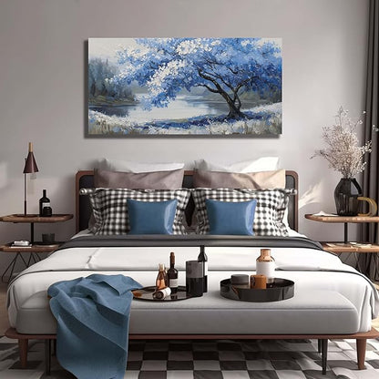 JuhaiArt Scenery Picture Wall Decorations Large Tree Wall Art Blue Canvas Wall Art for Living Room Bedroom Office White Poster 29"x 59"