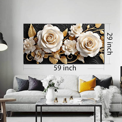 Flower Large Canvas Wall Art for Living Room Bedroom Home Office White and Gold Wall Art Blossom Picture Framed Wall Decor Modern Canvas Prints 29x59 In