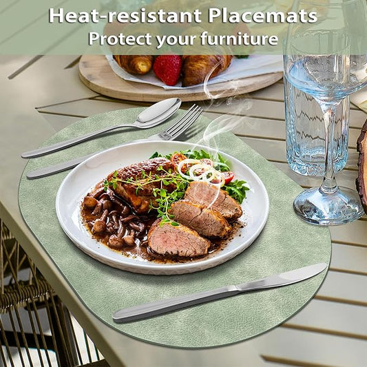 ADRIMER Placemats, Heat Resistant Oval Placemats Set of 4 Washable 12 x 17 Inch, Waterproof Table Mats, Wipeable Pu Place Mats for Kitchen, Dining Room, Green