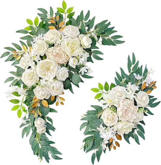Pack of 2 Wedding Arch Decorations Artificial Hanging Flowers Floral Swag for Wedding Welcome Sign Backdrop Balloon Arch Home Party Bridal Ceremony Reusable(White)