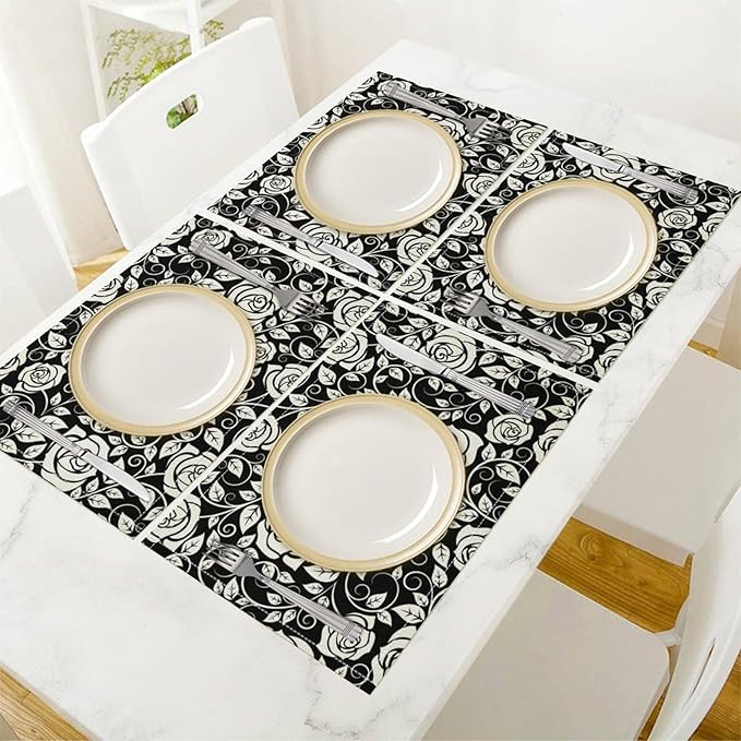 Retro Flowers Placemats Set of 4, 17x12 Inch Modern Aesthetic Black White Florals Leaves Art Print Table Mats for Home Party Kitchen Dining Decor