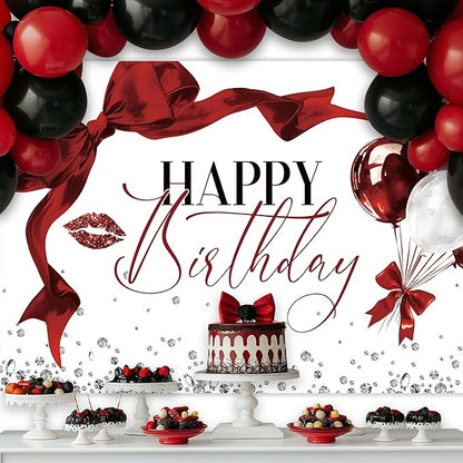 Burgundy Bow Happy Birthday Banner Backdrop 7Wx5H Photography Girls Coquette Birthday Decorations Red Balloons Background Women Bachelorette Party Decorations Banner Photo Booth Props Supplies